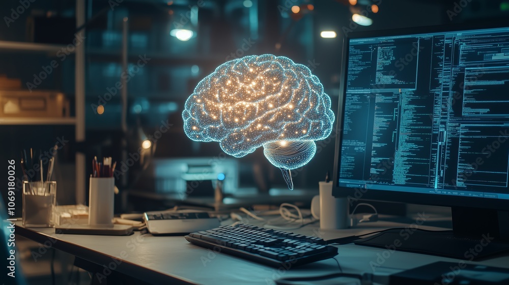 Poster a computer workstation featuring a holographic brain and code in a dimly lit room during the evening