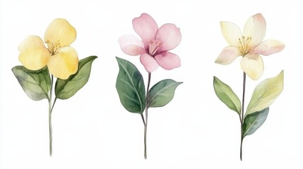 Obraz premium Watercolor illustration spring blossom flowers with soft yellow and pink hues green leaves isolated on white background