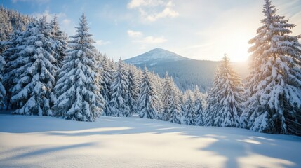 Snow-covered pine trees with a mountain in the background, bright winter sunlight, minimal sky details, winter atmosphere.