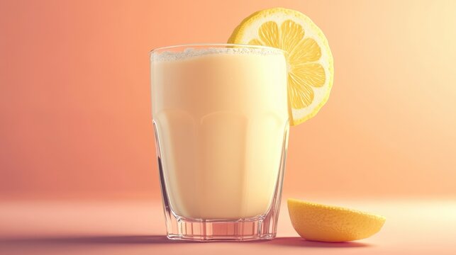 Fresh natural whey in a glass with a lemon slice nutritious protein rich supplement for a healthy lifestyle