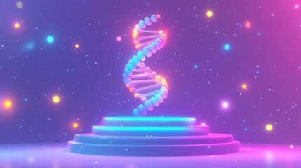 Vibrant podium display of DNA spiral illuminated with colorful light spots showcasing innovation in biotechnology