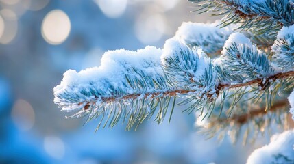 Close up of pine-tree branch covered with snow. Christmass banner