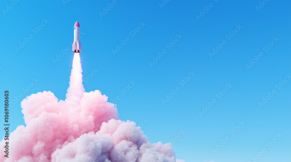 Poster a digital rendering of a rocket blasting off from a laptop screen, with billowing clouds surrounding