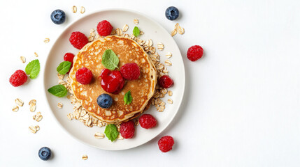 A stack of pancakes topped with berries and mint on a plate, arranged for a delightful meal.