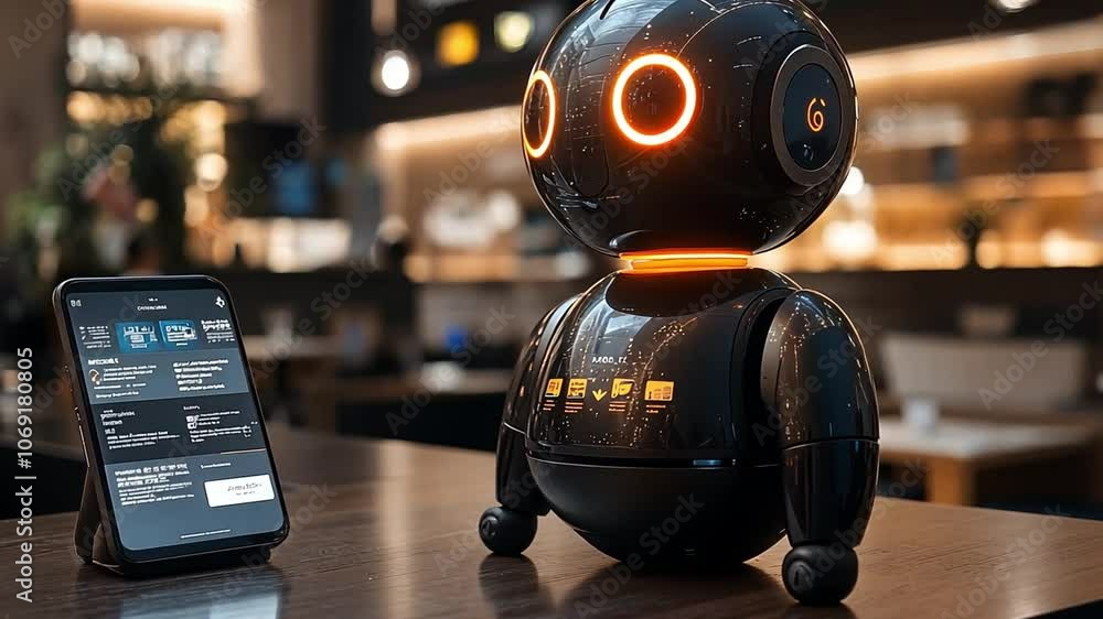 Poster a futuristic robot assistant interacting with a smartphone in a modern cafe setting during the day