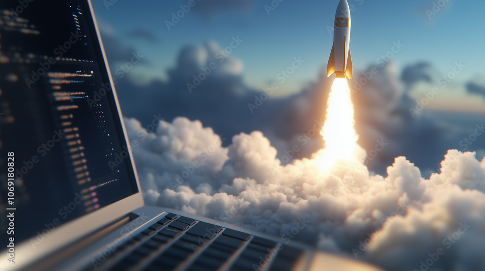 Poster a close-up of a laptop with an animated rocket launch, surrounded by dreamy clouds, with a backdrop 
