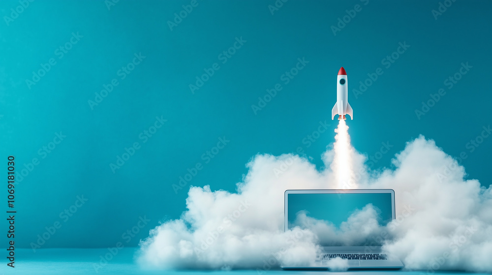 Poster a creative scene showing a laptop with a rocket taking off, surrounded by clouds that appear to form