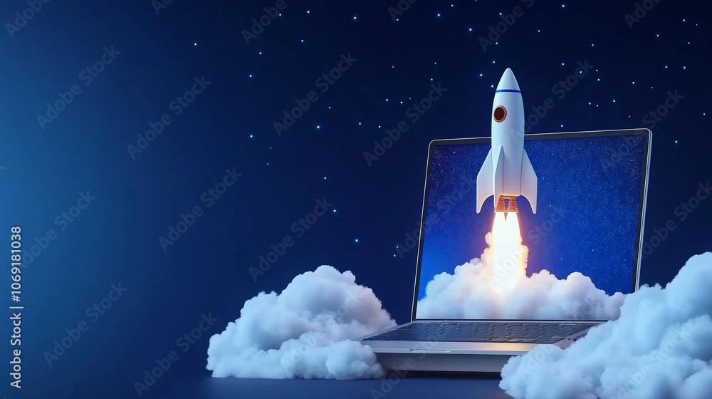 Poster a creative scene showing a laptop with a rocket taking off, surrounded by clouds that appear to form