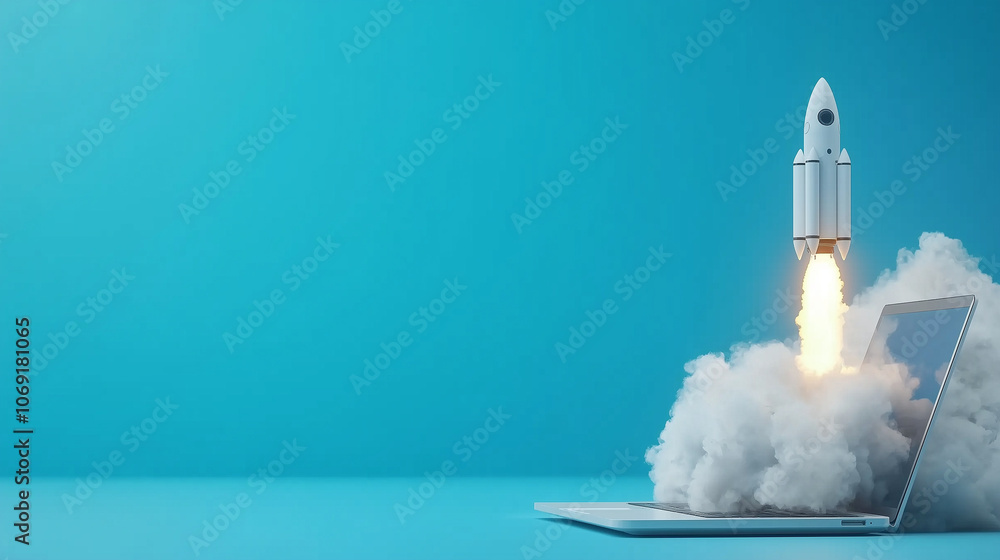 Aufkleber a dynamic image of a laptop with a rocket emerging from its screen, encased in clouds that give a se