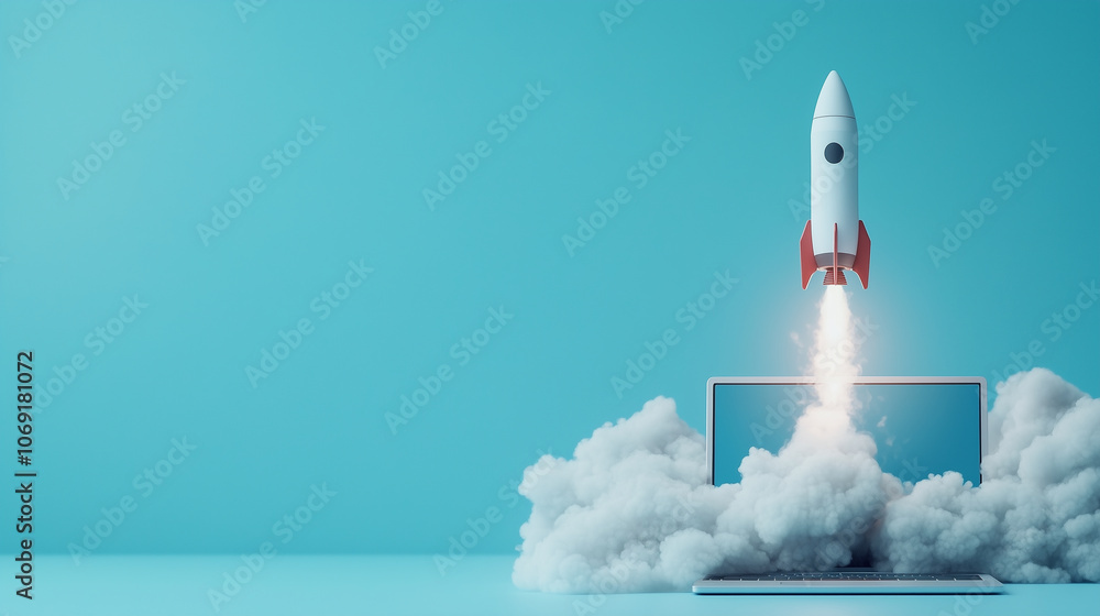 Poster a dynamic image of a laptop with a rocket emerging from its screen, encased in clouds that give a se