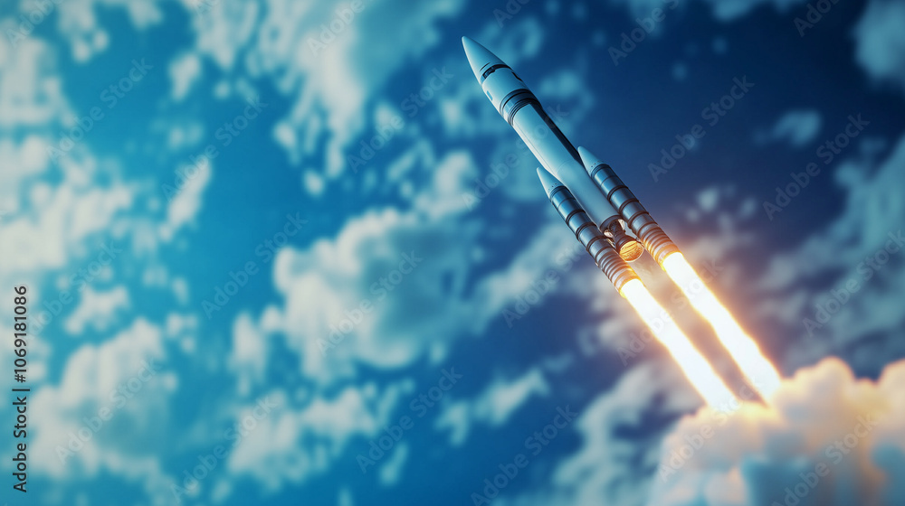 Poster a close-up view of a rocket launching from a laptop, with soft clouds enveloping the device and a st