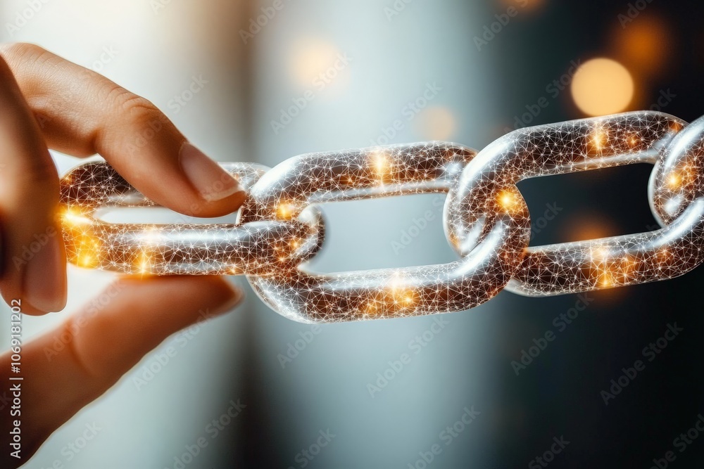 Poster close up of fingers holding metallic chain links with a blurred background symbolizing technology se