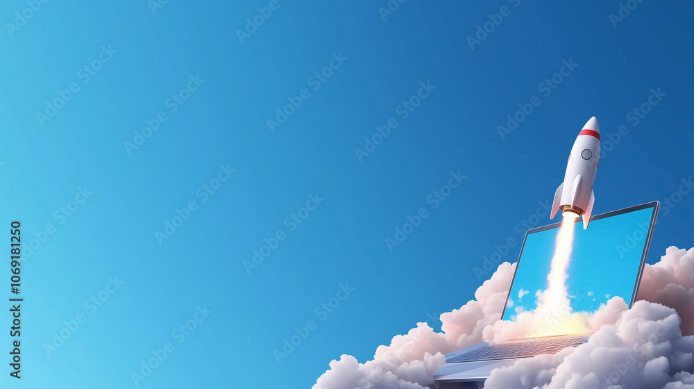 Poster a visually appealing image of a laptop with a rocket launching from its screen, enveloped in clouds,