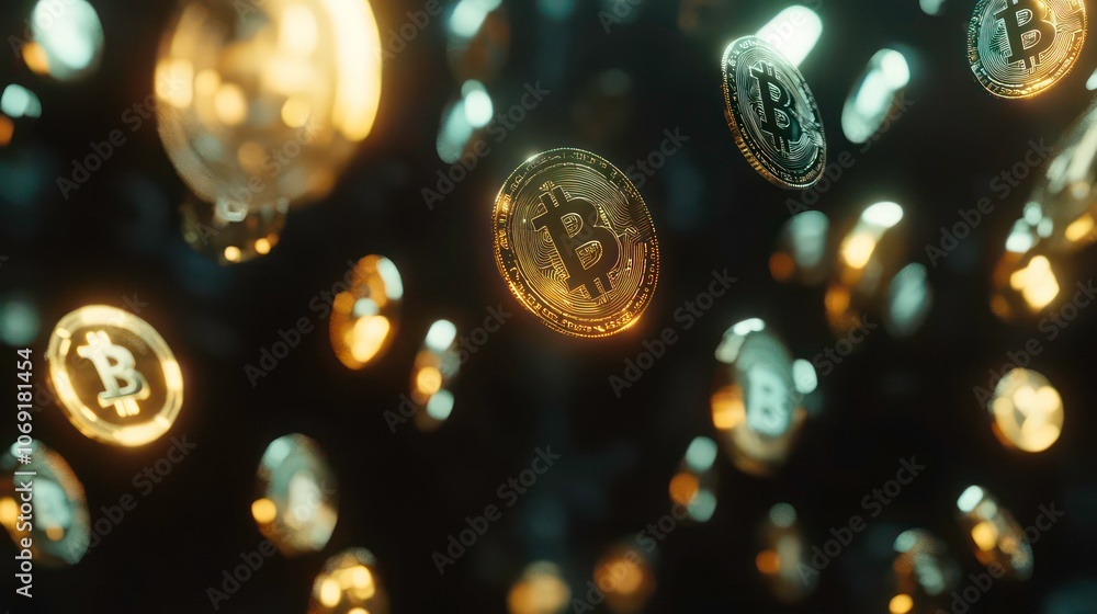 Aufkleber a 3d representation of floating bitcoin coins against a dark background.