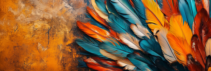 Obraz premium Vibrant feathers on rustic background: colorful abstract art for modern decor