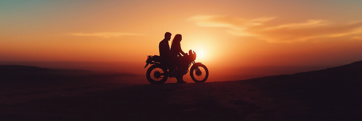 Fototapeta premium Romantic sunset adventure: couple riding motorcycle silhouette against vibrant sky
