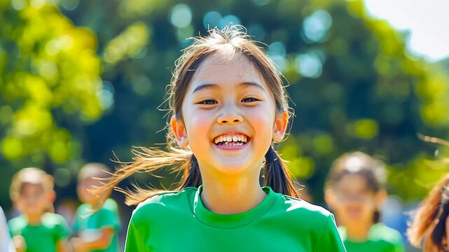 A young Asian girl runs with a bright smile in a green shirt during a vibrant school race on a sunny day. The image captures joy, energy, and youth fervor in an outdoor setting.