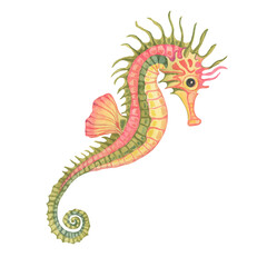 Fototapeta premium Green, yellow and pink seahorse with intricate details. Marine creature watercolor clipart. Whimsical illustration for children's room decor, nautical posters, or beach-themed event invitations