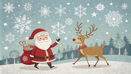 Santa Claus, with a bag of presents, walks through a snowy forest with a reindeer. Snowflakes fall from the sky, creating a magical winter scene. The image symbolizes Christmas cheer, holiday spirit, 