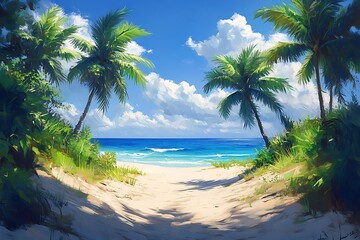 Obraz premium Tropical Beach Path with Palm Trees and Blue Sky