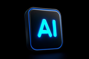 image is of a blue letter Ai with a black background. The letter is illuminated and he is part of a larger design. Scene is futuristic and modern, with the blue color scheme and the glowing letter