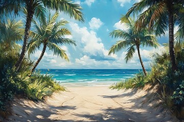 Tropical Beach Path with Palm Trees and Sunbeams