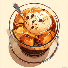 cartoon Illustration of a dish of affogato with espresso and ice cream