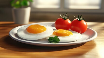Close up of round fried eggs accompanied by fresh tomatoes on a white plate perfect for breakfast or brunch gatherings