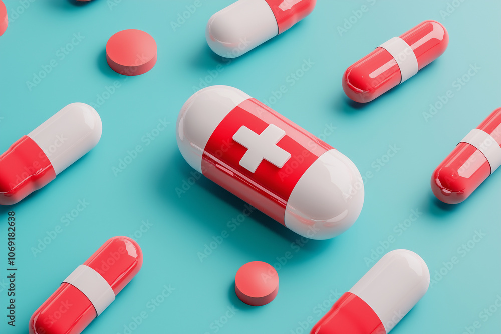 Poster row of pills with a red and white cross on one of them. the pills are all different shapes and sizes
