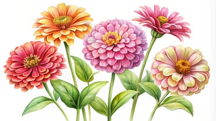 A watercolor painting of five colorful zinnia flowers in bloom, representing beauty, growth, happiness, nature and summer.