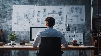 An engineer working on product design in a modern studio, surrounded by sketches, prototypes, and 3D models.
