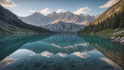 serene mountain lake reflecting peaks under a blue sky with fluffy clouds