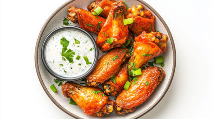 A plate of spicy chicken wings served with ranch dressing and garnished with green onions.