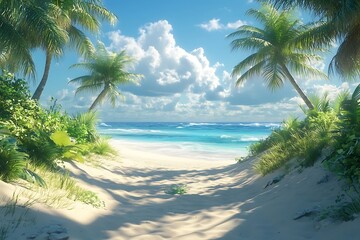 Tropical Beach Pathway Leading to Azure Ocean Horizon