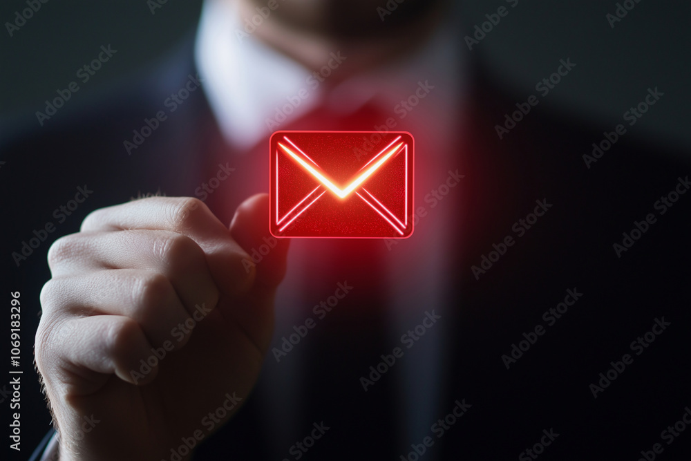 Poster man is holding a red envelope in his hand. the envelope is glowing red and is surrounded by a glowin
