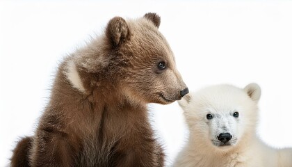 Obraz premium Two cubs of a brown bear and a polar bear playing with each other, white background