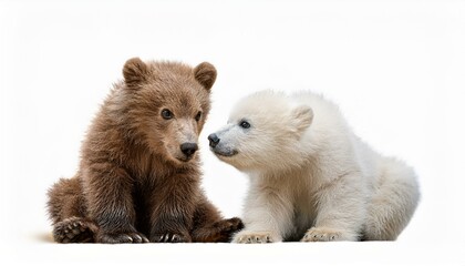 Fototapeta premium Two cubs of a brown bear and a polar bear playing with each other, white background