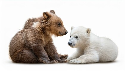 Fototapeta premium Two cubs of a brown bear and a polar bear playing with each other, white background