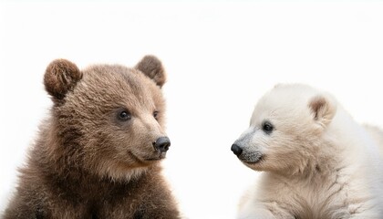Fototapeta premium Two cubs of a brown bear and a polar bear playing with each other, white background