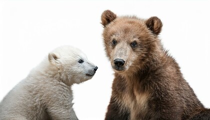 Fototapeta premium Two cubs of a brown bear and a polar bear playing with each other, white background