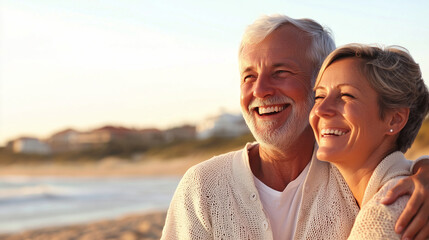 Obraz premium Joyful couple at the beach: A happy couple embracing and laughing together at the beach, showcasing their love and enjoyment of a beautiful day by the sea. The image captures a war