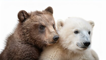 Obraz premium Two cubs of a brown bear and a polar bear playing with each other, white background