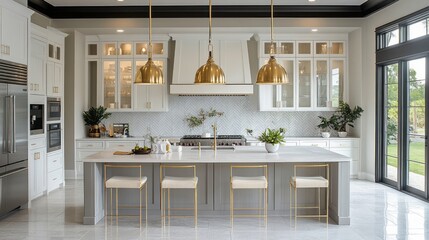 Modern Kitchen with White Cabinets, Gold Accents, and Island Seating