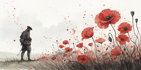 Silhouette of a World War Two soldier in a field of poppies splattered with blood