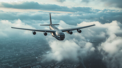 Obraz premium A cargo plane in mid-air with clouds around it and a city below
