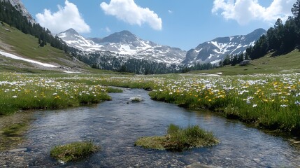 An alpine meadow with wildflowers, snow-capped peaks, and a clear stream.