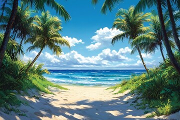 Obraz premium Tropical Beach Pathway with Palm Trees and White Sand