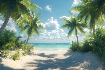 Fototapeta premium Tropical Beach Pathway with Palm Trees and Turquoise Water