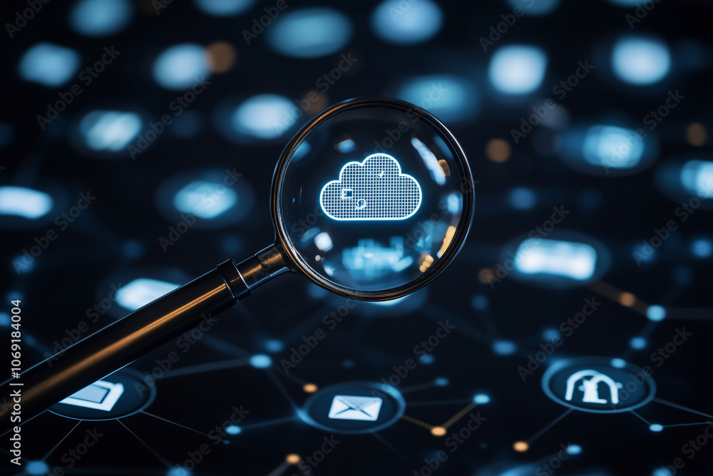 Poster magnifying glass is used to look at a cloud of data. the image is a representation of the vast amoun