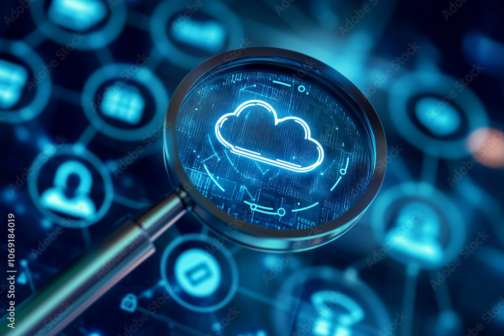 Poster magnifying glass is used to look at a cloud of data. the image is a representation of the vast amoun
